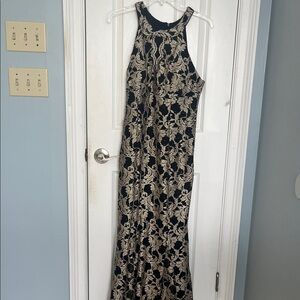 Night Way Collections Black and Gold Halter Maxi Dress